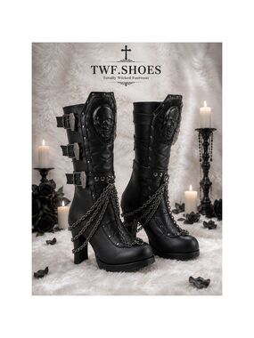 NIB Crypto 67 Coffin Skull & Chain Black Mid Calf Platform Heel Gothic Boots NY